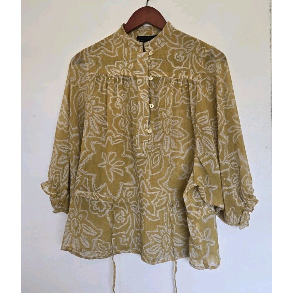 VTG Ninety Blouse Womens S Top Floral‎ Brown Sheer Tunic Boho Festival Button